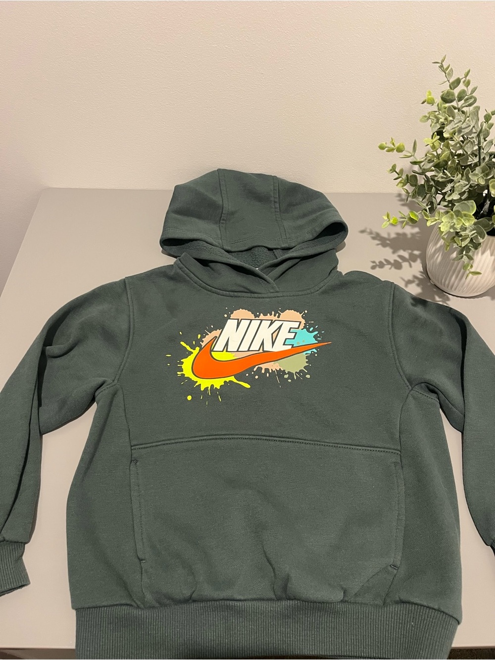 Nike Kid’s Hoodie in Muted Green with colorful logo